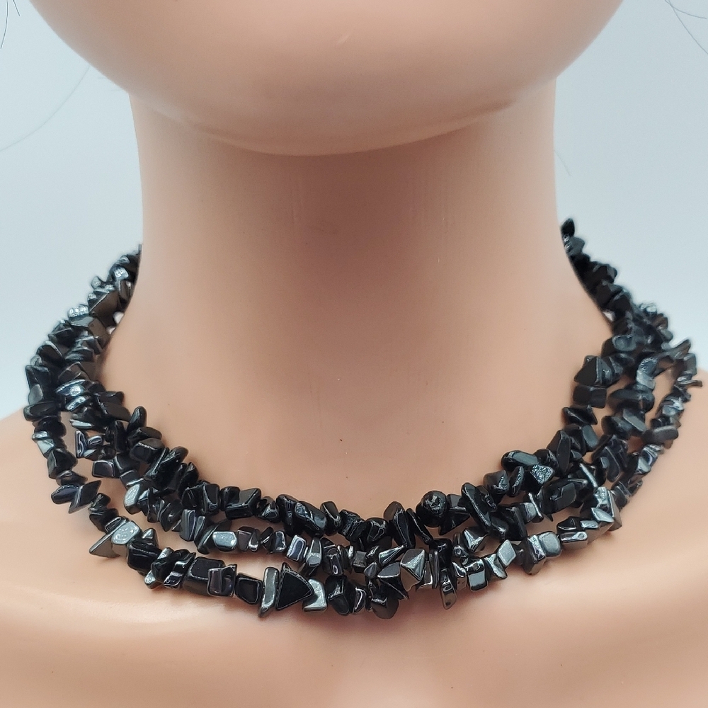 Sterling Silver 100% Natural Onyx & Hematite Three Strand Necklace